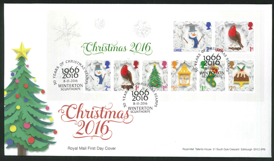2016 - Christmas Miniature Sheet First Day Cover, Winterton, Scunthorpe Postmark